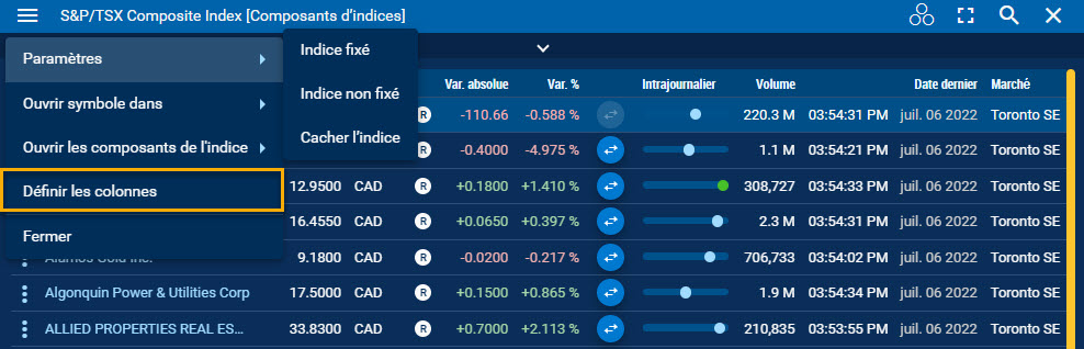 Définition de colonnes dans des composants d’indice à partir du menu du widget